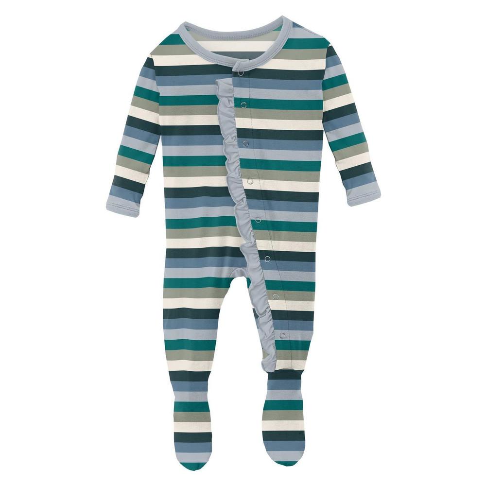 NEW KICKEE kids' ruffle footie with snaps in snowy stripe